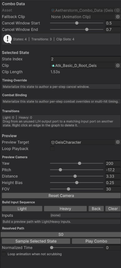A close-up of the Combo Graph editor inspector showing combo data, cancel window settings, selected-state clip info, combat binding, and preview camera controls.